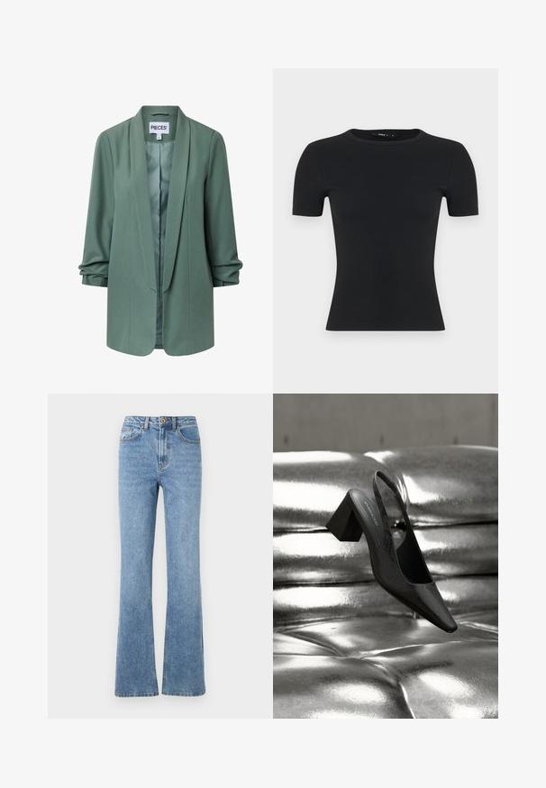 Lysegrøn skræddersyet blazer med sjalskrave, lange ærmer, åben front og let rynkning ved manchetterne.; Sort, ribbet t-shirt med korte ærmer, rund halsudskæring, tætsiddende design, lavet af tekstureret stof med en glat finish og uden synlige detaljer.; Lys blå denimjeans med en flared benedesign, høj talje og minimal hardware. Har klassisk fem-lomme stil og diskret syning.; Sort slingback-hæl med spids tå, der har en tekstureret overflade og en chunky blokhæl. Lagt mod en skinnende, metallisk baggrund.