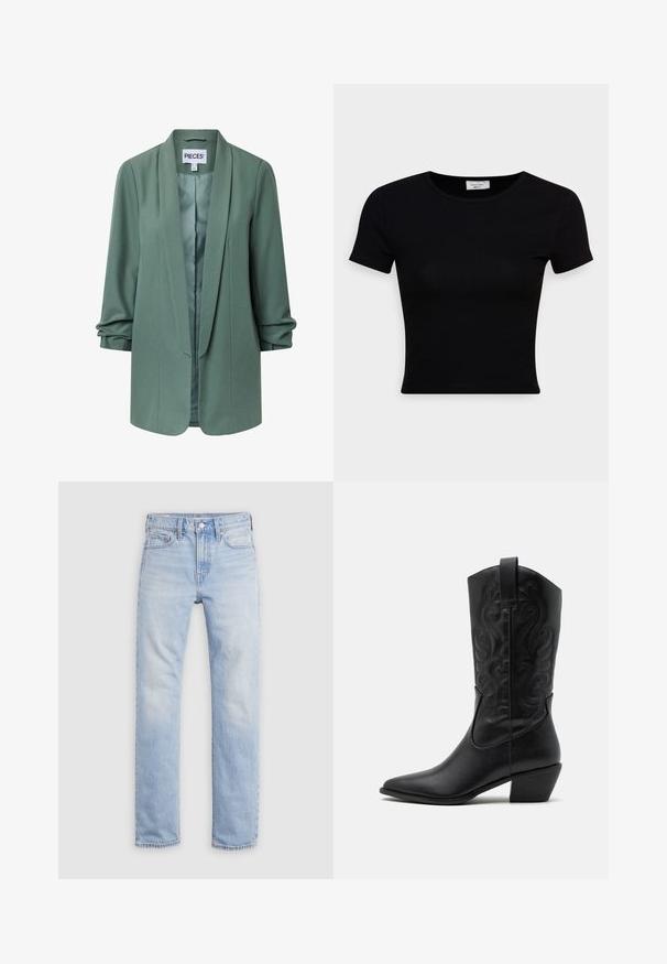 Americana entallada de color verde claro con cuello chal, mangas largas, diseño abierto en el frente y ligero fruncido en los puños.; Camiseta negra de manga corta hecha de una suave tela de algodón, con un escote redondo y un diseño ajustado. Minimalista, sin patrones visibles.; Pantalones vaqueros de mezclilla azul claro con corte de pierna recta, cierre de botón y cremallera, diseño de cinco bolsillos y ligero desgaste en la tela.; Botas de vaquero de cuero negro con punta afilada, patrones en relieve en espiral y un tacón de altura media. Presentan una lengüeta para facilitar el uso.