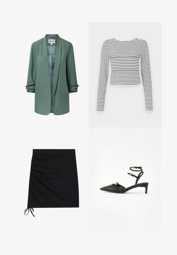 Americana entallada de color verde claro con cuello chal, mangas largas, diseño abierto en el frente y ligero fruncido en los puños.; Top de manga larga y corte corto con un patrón de rayas blancas y negras, cuello redondeado y tela suave y texturizada.; Mini falda negra hecha de una tela suave, con frunces laterales y lazos en el dobladillo. Textura suave con una silueta ajustada.; Zapatos de tacón negro de cuero con tiras traseras, puntera afilada, correas delgadas en el tobillo, detalles en hardware dorado y un tacón delgado. Textura suave y diseño minimalista.