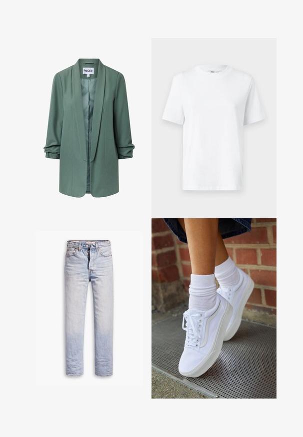 Lysegrøn skræddersyet blazer med sjalskrave, lange ærmer, åben front og let rynkning ved manchetterne.; Hvid bomulds T-shirt med rund hals, kortærmet og en glat tekstur. Designet med en afslappet pasform for komfort og alsidighed.; Lyseblå denimjeans med lige ben, der har en knaplukning, fem lommer og en diskret falmning langs benene.; Hvide lærreds sneakers med gummisåler, der har seks snørehuller, rund tå og let sømdetaljer, krydret med hvide ankelstrømper.