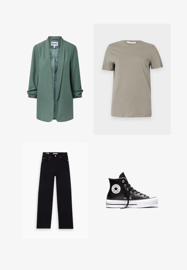Lysegrøn skræddersyet blazer med sjalskrave, lange ærmer, åben front og let rynkning ved manchetterne.; Khaki kortærmet t-shirt lavet af blødt stof. Rund halsudskæring; lige kant. Minimalistisk design uden synlige mønstre eller detaljer.; Sorte denim jeans med lige pasform, fem lommer, kobberdetaljer og en glat tekstur. To mærker synlige på taljebåndet.; Sort højtliggende Converse Chuck Taylor All Star sneaker med hvid gummisål og logo-patch på anklen, vist på en hvid baggrund.