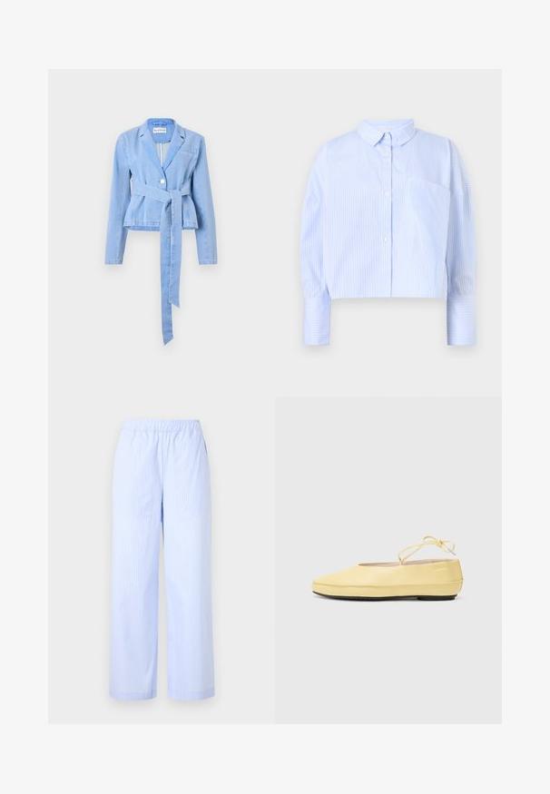Lyseblå denimblazer med lange ærmer, en tætsiddende talje, et knyttet bælte, enkelt knaplukning og en notch-krave. Har en brystlomme.; Afskåret knap-up skjorte i lyseblå med hvide lodrette striber, med spredt krave og en brystlomme. Blød tekstur.; Lysblå stribede bukser med elastisk talje, vid benedesign, sidelommer og en glat overflade. Ingen yderligere udsmykninger.; Gule læderballetsko med rund tå, tynd ankelstrop og sort gummisål. Glat tekstur med minimale design detaljer.