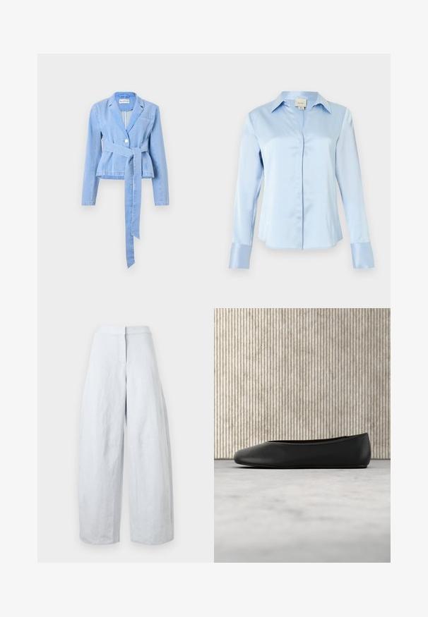 Lyseblå denimblazer med lange ærmer, en tætsiddende talje, et knyttet bælte, enkelt knaplukning og en notch-krave. Har en brystlomme.; Lyseblå satin bluse med langærmer, skjulte knapper foran, spids krave og brede manchetter, vist på en hvid baggrund.; Hvidt, højtaljet hørbukser med vide ben, lukkes foran med knapper og lynlås, vist mod en ensfarvet baggrund.; Sorte læder balletflade med en rund tå, glat tekstur og en gulds logoaccent på siden. Placeret over en reflekterende overflade.