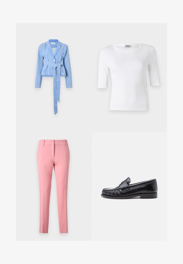 Lyseblå denimblazer med lange ærmer, en tætsiddende talje, et knyttet bælte, enkelt knaplukning og en notch-krave. Har en brystlomme.; Hvid ribbet T-shirt med rund halsudskæring og ærmer til albuerne. Fremstillet af blødt stof med en glat overflade. Etiketten er synlig ved halsudskæringen.; Rosa skræddersyede bukser med en glat tekstur, lige ben og en lynlåsdetalje ved kanten. Den har bæltestropper og et fladt frontdesign.; Sorte læderloafers med rundet tå, karakteristisk syning og en dekorativ rem over vampen. Glat finish og lav hæl.