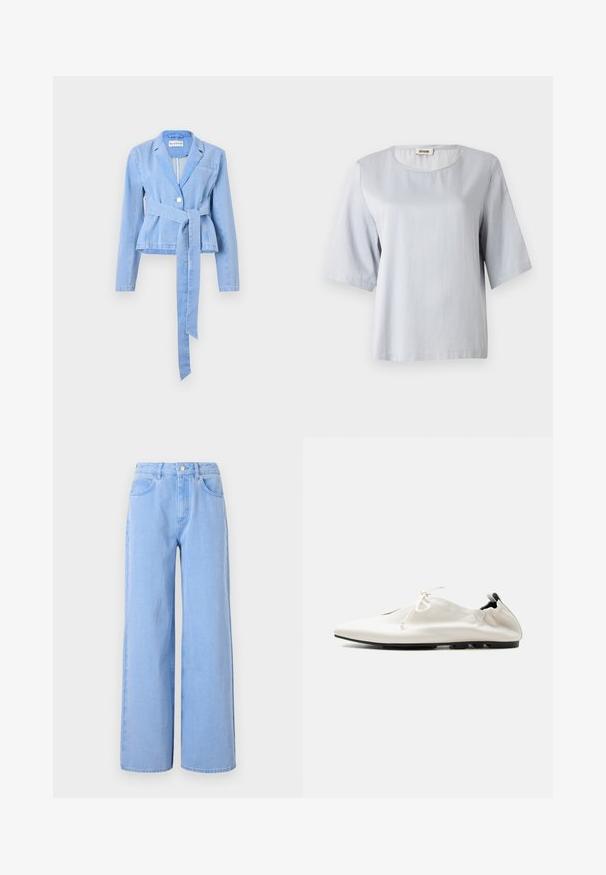 Lyseblå denimblazer med lange ærmer, en tætsiddende talje, et knyttet bælte, enkelt knaplukning og en notch-krave. Har en brystlomme.; Lys grå kortærmet top med rund halsudskæring, lavet af blødt stof. Enkel design med en løs pasform, featuring rene kanter og ingen udsmykninger.; Lyseblå brede denimjeans. Har en tætsiddende talje med bælte-løkker og frontlommer, sømdetaljer og en ren kant.; Hvid minimalistisk lædersko med indstukket hæl, snørelukning og tynd sort sål på ensfarvet baggrund.