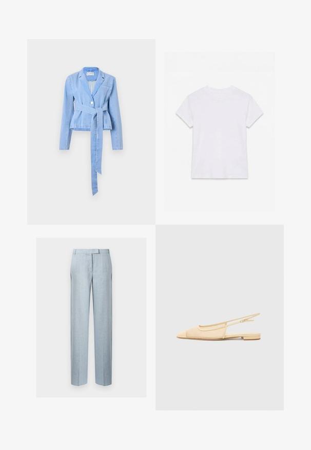 Lyseblå denimblazer med lange ærmer, en tætsiddende talje, et knyttet bælte, enkelt knaplukning og en notch-krave. Har en brystlomme.; Hvid kortærmet t-shirt i bomuld med rund hals, lagt fladt på en hvid baggrund.; Lyseblå bukser med lige ben, medium talje og sidelommer, med skjult frontlynlås og hægteanordning.; Slingback fladsko i lys beige med en mesh-overdel, spids tå og en lav hæl. Har en justerbar strop for bedre pasform.