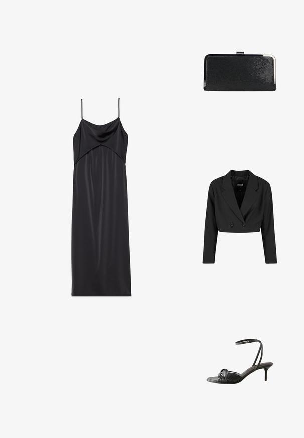 Zwarte cropped blazer van gladde stof. Voorzien van een dubbelgebreid voorpand met twee zwarte knopen en scherpe revers. Inclusief lange mouwen.; Zwarte satijnen slipdress met dunne spaghettibandjes, een gedrapeerde halslijn en een rechte silhouet. Gladde textuur en minimalistisch ontwerp.; Zwarte leren sandaal met hoge hak, met knoopbandjes over de tenen en een dunne enkelband met gesp.; Zwarte rechthoekige clutch met textuur, zilverkleurig metalen frame en sluiting, op een witte achtergrond.