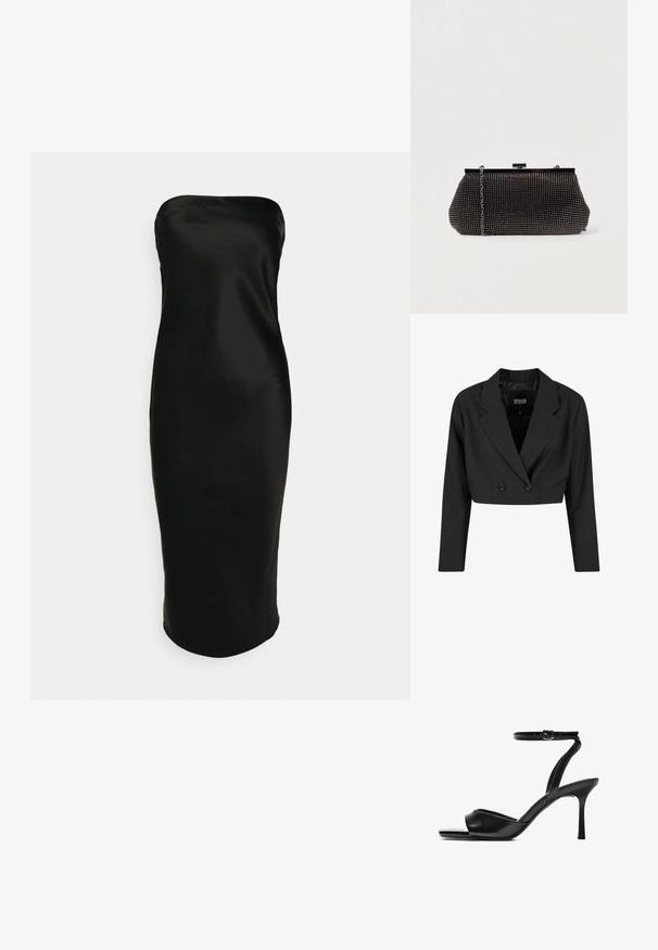 Zwarte cropped blazer van gladde stof. Voorzien van een dubbelgebreid voorpand met twee zwarte knopen en scherpe revers. Inclusief lange mouwen.; Gina Tricot TUBE MIDI DRESS - Cocktailjurk - black; Zwarte leren sandaal met hoge hak, open teen, dun enkelriempje met gesp en smalle taps toelopende hak.; Zwarte mesh clutchbag met een gestructureerde silhouette, versierd met kleine metalen studs, heeft een sluiting met een klapmechanisme en een afneembare kettingriem.
