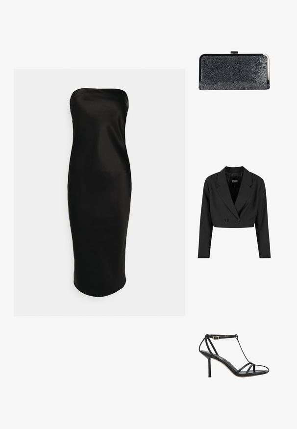 Zwarte cropped blazer van gladde stof. Voorzien van een dubbelgebreid voorpand met twee zwarte knopen en scherpe revers. Inclusief lange mouwen.; Gina Tricot TUBE MIDI DRESS - Cocktailjurk - black; Zwarte hoge hak sandaal met dunne bandjes, enkelgesp en een smalle hak, zijaanzicht op een witte achtergrond.; Rechthoekige zwarte clutch tas bedekt met kleine glanzende kralen en een zilverkleurig metalen frame en sluiting bovenaan.
