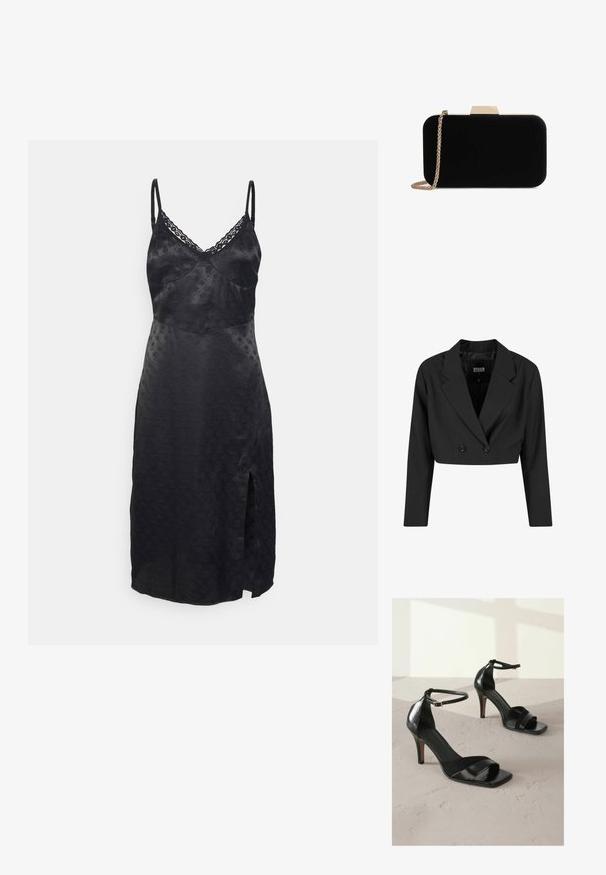 Čierny skrátený blazer vyrobený z hladkého materiálu. Má dvojradové zapínanie s dvoma čiernymi gombíkmi a ostrými chlopňami. Súčasťou sú dlhé rukávy.; Hollister Co. BARE MIDI - Koktailové šaty/večierkové šaty - black; Next REGULAR FIT - SIGNATURE - Sandále na vysokom opätku - black; Čierna zamatová listová taška so zlatým kovovým doplnkom, obdĺžnikový tvar a reťazový popruh, s hladkou textúrou a bez viditeľných vzorov.