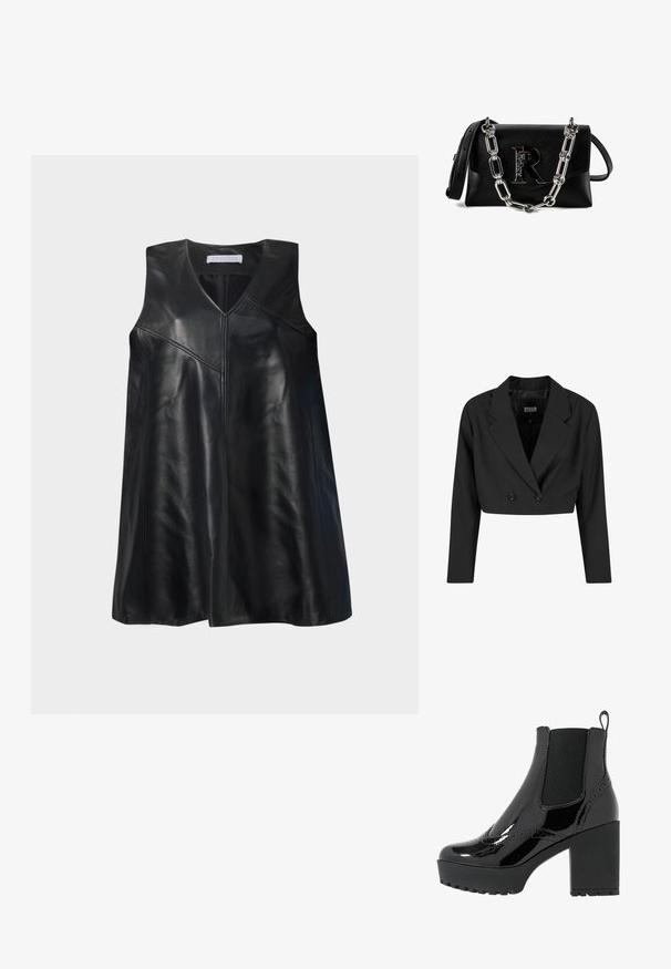 Blazer negro cortado hecho de tela suave. Presenta un frente de doble botonadura con dos botones negros y solapas afiladas. Incluye mangas largas.; Vestido de cuero negro sin mangas con escote en V y detalles de costura asimétrica, de longitud hasta la rodilla, exhibido sobre un fondo blanco.; Botas de tobillo de charol negro con una plataforma gruesa y un tacón alto, que cuentan con paneles laterales elásticos y detalles de costura decorativa.; Bolso de hombro de cuero negro con cadena plateada y gran logo "R" en relieve en la solapa frontal, correa de cuero ajustable.