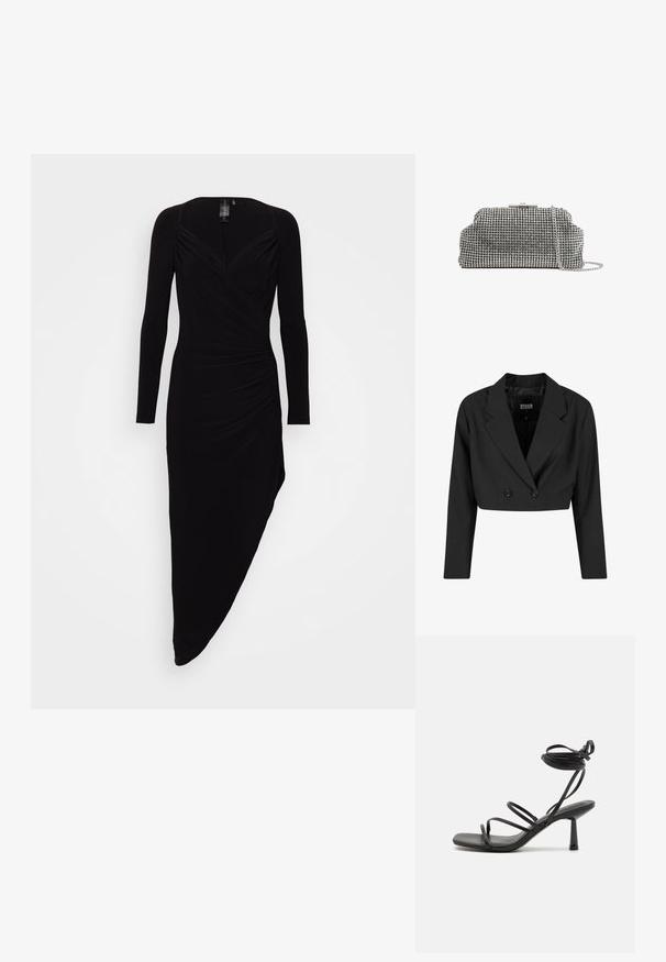 Blazer negro cortado hecho de tela suave. Presenta un frente de doble botonadura con dos botones negros y solapas afiladas. Incluye mangas largas.; Norma Kamali LONG SLEEVE SWEETHEART SIDE DRAPE GOWN - Vestido ligero - black; Sandalia negra de tiras con punta cuadrada, lazos ajustables en el tobillo y un tacón bloque delgado. Fabricada con un material suave y duradero.; Reiss ADALINE EMBELLISHED - Clutch - silver coloured