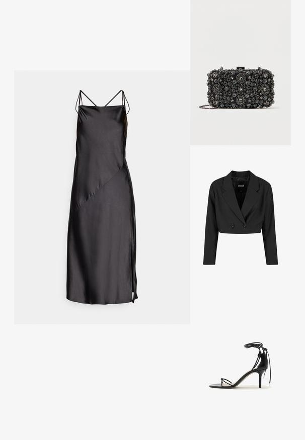 Sort cropped blazer lavet af glat stof. Har en dobbeltradet front med to sorte knapper og skarpe revers. Lange ærmer inkluderet.; Sort satin kjole med tynde justerbare stropper, en glat tekstur, skrå sømme og en sideslids for ekstra detalje.; Sort højhælet sandal med tynde remme, ankelbind og en mellem-høj stilethæl på en hvid baggrund.; Sort clutch-taske prydet med varierede størrelser af runde og ovale rhinesten, med en sølvfarvet kædetraspe og en låsemekanisme.