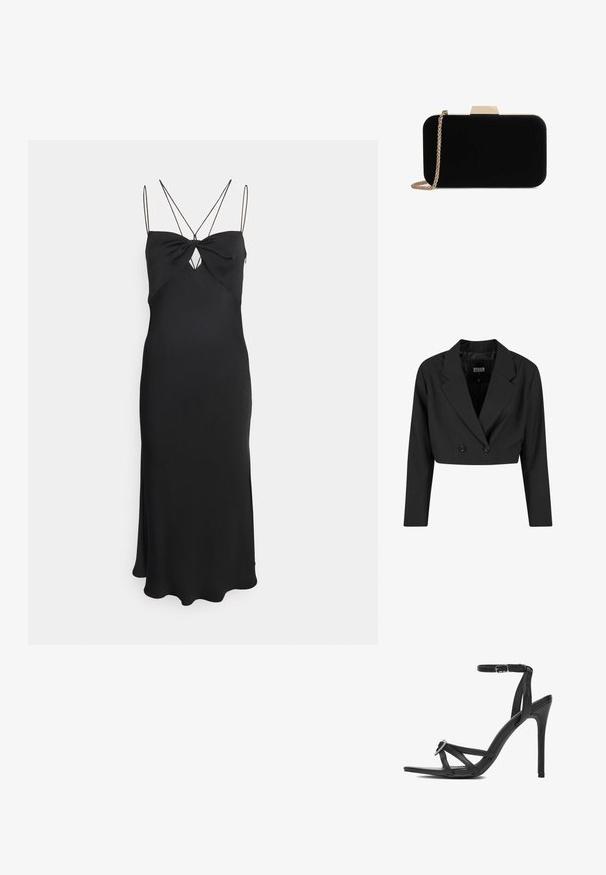 Schwarze, taillierte Blazerjacke aus glattem Stoff. Verfügt über eine doppelte Knopfleiste mit zwei schwarzen Knöpfen und scharfen Revers. Mit langen Ärmeln.; Calvin Klein MICRO STRAP TWIST SLIP DRESS - Cocktailkleid/festliches Kleid - black; Schwarze High-Heeled-Sandale mit dünnem Knöchelriemen, spitzer Spitze und dekorativer Strassverzierung vorne. Glatte Lederstruktur.; Schwarze Samt-Clutch mit goldfarbener Hardware, rechteckiger Form und Kettenriemen, mit glatter Textur und ohne sichtbare Muster.