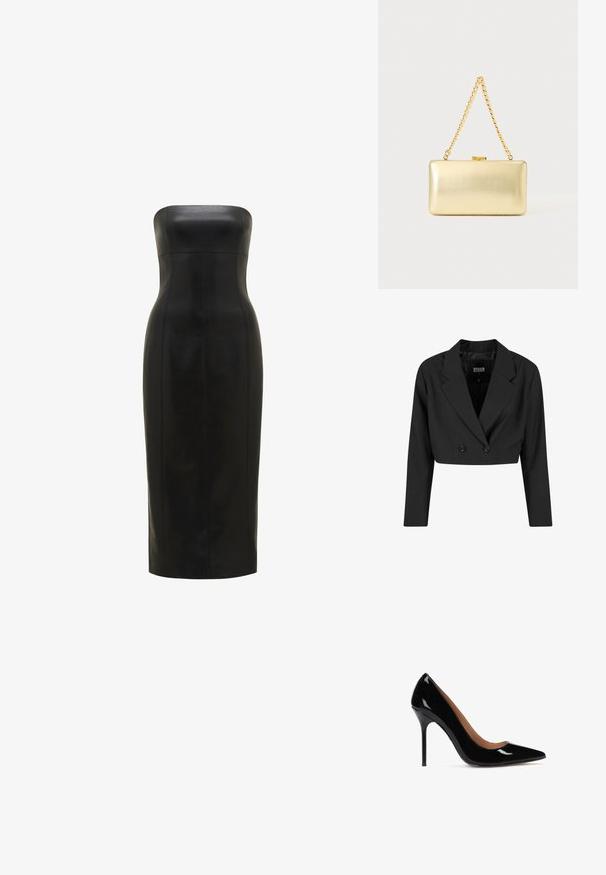 Blazer negro cortado hecho de tela suave. Presenta un frente de doble botonadura con dos botones negros y solapas afiladas. Incluye mangas largas.; Vestido de cuero negro, sin tirantes, con una silueta ajustada, de longitud hasta la rodilla, textura suave y costuras verticales para mayor definición.; Zapato de tacón alto de charol negro con punta afilada y silueta elegante. Cuenta con un tacón de aguja y un interior suave.; Bolso de mano dorado rectangular con acabado brillante, cierre metálico y asa corta de cadena dorada sobre un fondo claro y liso.