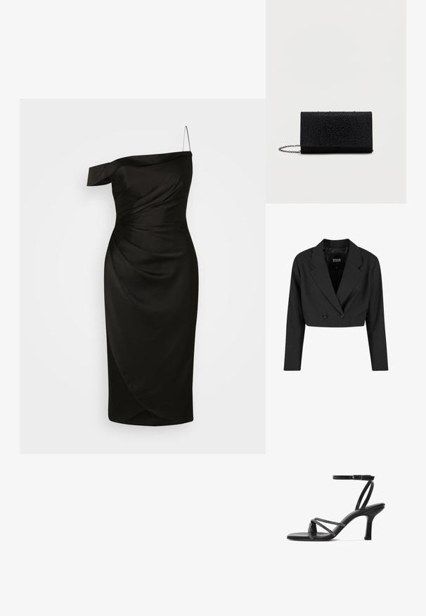 Blazer negro cortado hecho de tela suave. Presenta un frente de doble botonadura con dos botones negros y solapas afiladas. Incluye mangas largas.; Vestido negro de un solo hombro, confeccionado en una tela suave, que presenta un corpiño ajustado con detalles fruncidos y una falda envolvente de longitud a la rodilla.; Sandal de tacón alto negro con punta abierta, que presenta tiras entrelazadas adornadas con pequeñas cuentas y una correa en el tobillo ajustable.; Billetera de mano negra con superficie texturizada que presenta gotas elevadas, forma rectangular, correa de cadena y diseño minimalista.