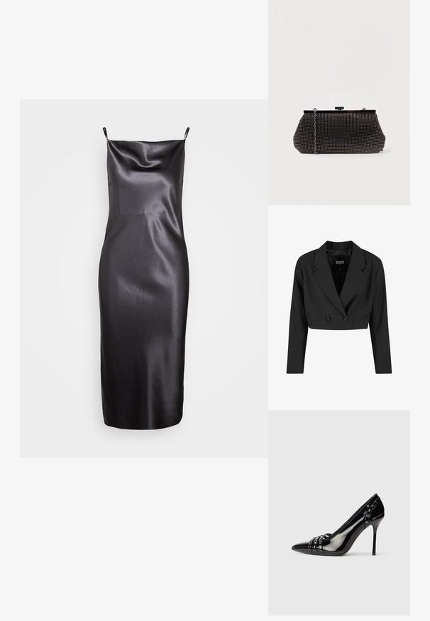 Sort cropped blazer lavet af glat stof. Har en dobbeltradet front med to sorte knapper og skarpe revers. Lange ærmer inkluderet.; Samsøe Samsøe FREDERICKA LONG DRESS - Cocktailkjole / festkjole - ombre dark; Sorte patentlæder stiletto hæl sko med spids tå, tre dekorative remme med nitter, og "Karl Lagerfeld" branding på hælen.; Sort mesh clutch-taske med en struktureret silhuet, prydet med små metalstuds, har en låsemekanisme og en aftagelig kæderekke.