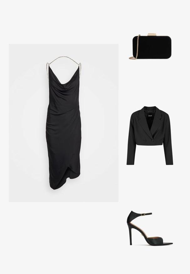 Schwarze, taillierte Blazerjacke aus glattem Stoff. Verfügt über eine doppelte Knopfleiste mit zwei schwarzen Knöpfen und scharfen Revers. Mit langen Ärmeln.; Et Ochs ILA CHAIN COWL NECK MIDI DRESS - Cocktailkleid/festliches Kleid - black; Schwarze High-Heel-Sandale mit Knöchelriemen und goldener Schnalle, offenem Zehenbereich und dünnem Stilettoabsatz vor weißem Hintergrund.; Schwarze Samt-Clutch mit goldfarbener Hardware, rechteckiger Form und Kettenriemen, mit glatter Textur und ohne sichtbare Muster.