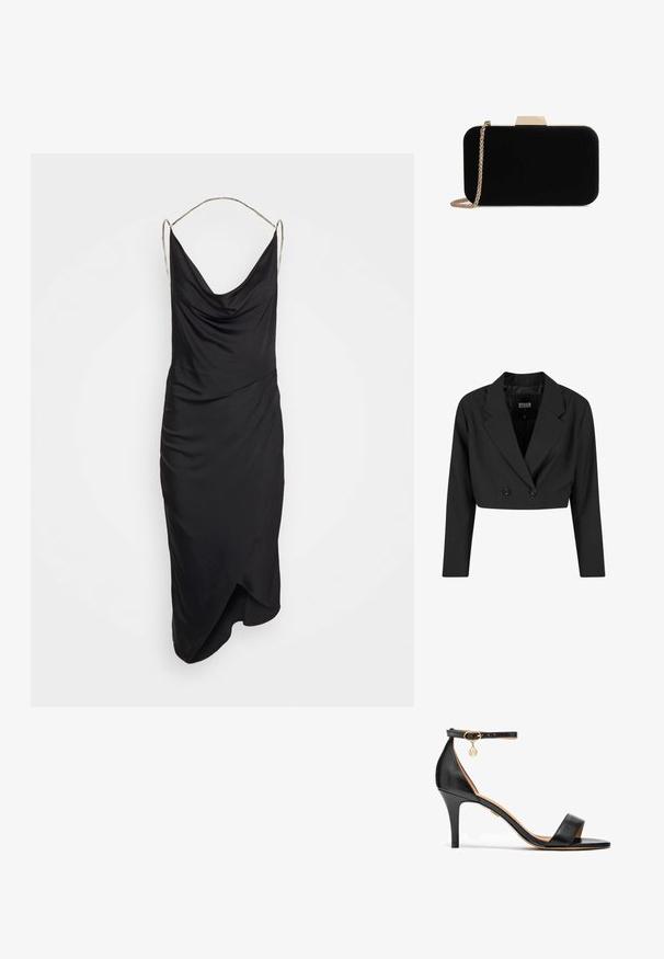 Blazer negro cortado hecho de tela suave. Presenta un frente de doble botonadura con dos botones negros y solapas afiladas. Incluye mangas largas.; Et Ochs ILA CHAIN COWL NECK MIDI DRESS - Vestido de cóctel - black; Sandalia de tacón alto de cuero negro con una sola cinta sobre los dedos, cinta en el tobillo, herrajes dorados y un esbelto tacón de aguja.; Clutch de terciopelo negro con herrajes en tono dorado, de forma rectangular y con correa de cadena, que presenta una textura suave y sin patrones visibles.
