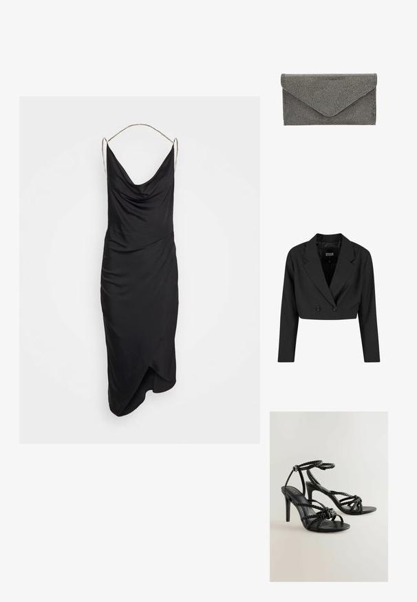 Čierny skrátený blazer vyrobený z hladkého materiálu. Má dvojradové zapínanie s dvoma čiernymi gombíkmi a ostrými chlopňami. Súčasťou sú dlhé rukávy.; Et Ochs ILA CHAIN COWL NECK MIDI DRESS - Koktailové šaty/večierkové šaty - black; Čierne vysoké sandále na podpätku s vrkôčkovými popruhmi, otvorenou špičkou a prackou okolo členku. Hladká textúra s elegantným dizajnom a štíhlym podpätkom.; Čierna látková kabelka s textúrovaným bodkovaným vzorom a krytom vo forme obálky, s elegantným obdĺžnikovým tvarom a bez viditeľného hardvéru.