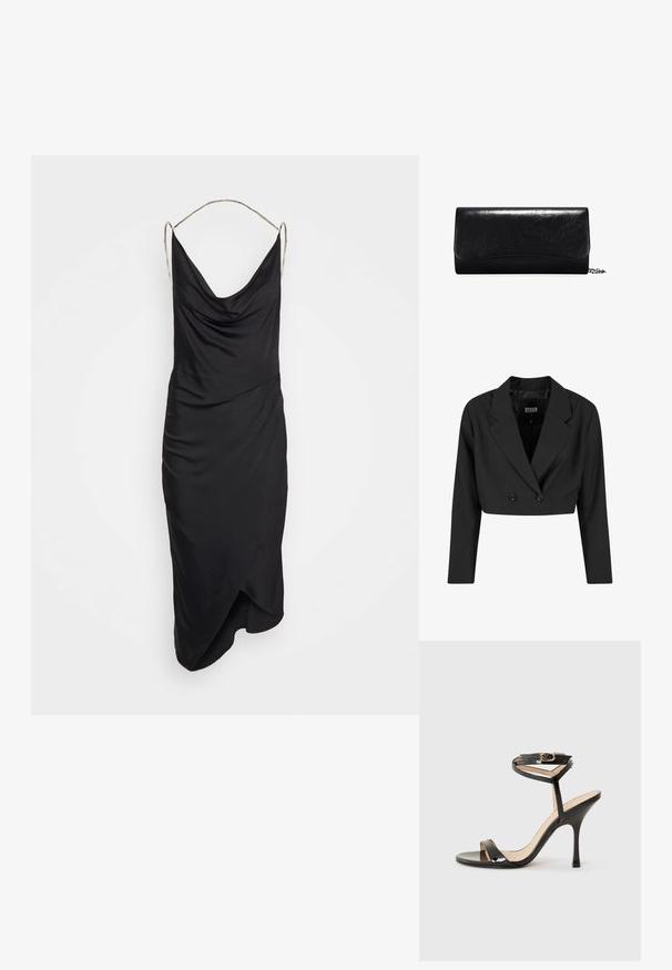 Blazer negro cortado hecho de tela suave. Presenta un frente de doble botonadura con dos botones negros y solapas afiladas. Incluye mangas largas.; Et Ochs ILA CHAIN COWL NECK MIDI DRESS - Vestido de cóctel - black; Sandalia de tacón alto de charol negro con tira delgada en el tobillo y hebilla, punta abierta y tacón aguja esbelto sobre fondo blanco.; Clutch de cuero negro con una textura suave, forma rectangular y detalles con borde en la parte delantera. Incluye una correa de cadena desmontable.