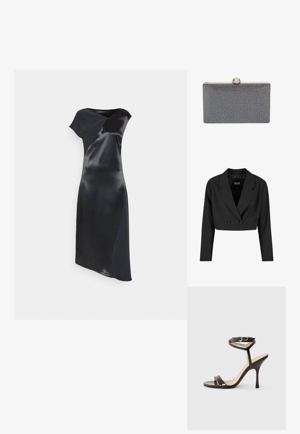 Blazer negro cortado hecho de tela suave. Presenta un frente de doble botonadura con dos botones negros y solapas afiladas. Incluye mangas largas.; Calvin Klein NAIA SHINE MIDI DRESS - Vestido de cóctel - black; Sandalia de tacón alto de charol negro con tira delgada en el tobillo y hebilla, punta abierta y tacón aguja esbelto sobre fondo blanco.; Bolso de mano rectangular negro cubierto de pequeños cristales, con un cierre dorado con detalles decorativos en la parte superior.