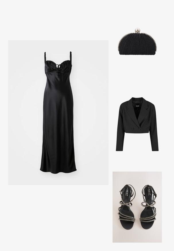Schwarze, taillierte Blazerjacke aus glattem Stoff. Verfügt über eine doppelte Knopfleiste mit zwei schwarzen Knöpfen und scharfen Revers. Mit langen Ärmeln.; Schwarzes Satin-Maxikleid mit einem taillierten Oberteil, gewelltem Spitzenbesatz, verstellbaren Spaghetti-Trägern und einer Frontbindedetail.; Schwarze Riemchensandalen mit metallischen Akzenten. Sie verfügen über ein glatt strukturiertes Fußbett und mehrere verzierte Riemen, die ein geschichtetes Erscheinungsbild erzeugen.; Schwarze Abend-Clutch mit strukturiertem Stoff, eingefasst von einer Reihe kleiner Perlen und einem großen Perlenverschluss oben.