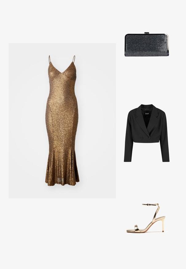 Schwarze, taillierte Blazerjacke aus glattem Stoff. Verfügt über eine doppelte Knopfleiste mit zwei schwarzen Knöpfen und scharfen Revers. Mit langen Ärmeln.; Goldener Pailletten-Kleid mit figurbetonter Silhouette, Spaghettiträgern und ausgestelltem Saum. Texturierte Oberfläche reflektiert das Licht und verstärkt den Glanz.; Goldfarbene High-Heel-Sandale mit Knöchelriemen, offener Zehenpartie, schlankem Stiletto-Absatz und kleiner Schnallenverschluss vor weißem Hintergrund.; Rechteckige schwarze Clutch mit kleinen glänzenden Perlen bedeckt, silberner Metallrahmen und Verschluss oben.