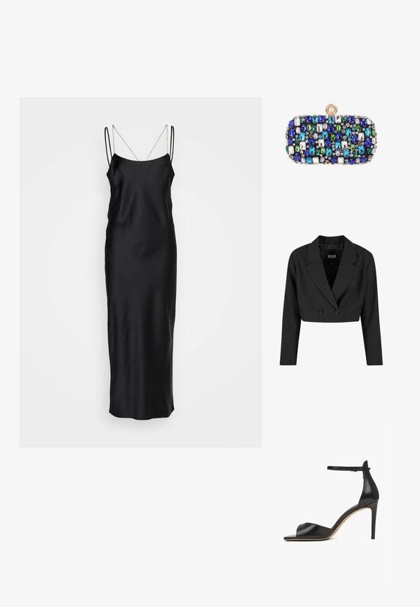 Schwarze, taillierte Blazerjacke aus glattem Stoff. Verfügt über eine doppelte Knopfleiste mit zwei schwarzen Knöpfen und scharfen Revers. Mit langen Ärmeln.; HUGO KENZEL - Cocktailkleid/festliches Kleid - black; Schwarze Sandale mit hohem Absatz, Knöchelriemen, offenem Zehenbereich und schlankem Stilettoabsatz auf weißem Hintergrund.; Kleine rechteckige Clutchtasche, dekoriert mit mehrfarbigen blauen, grünen, weißen und violetten Edelsteinen und einem runden Perlenverschluss.