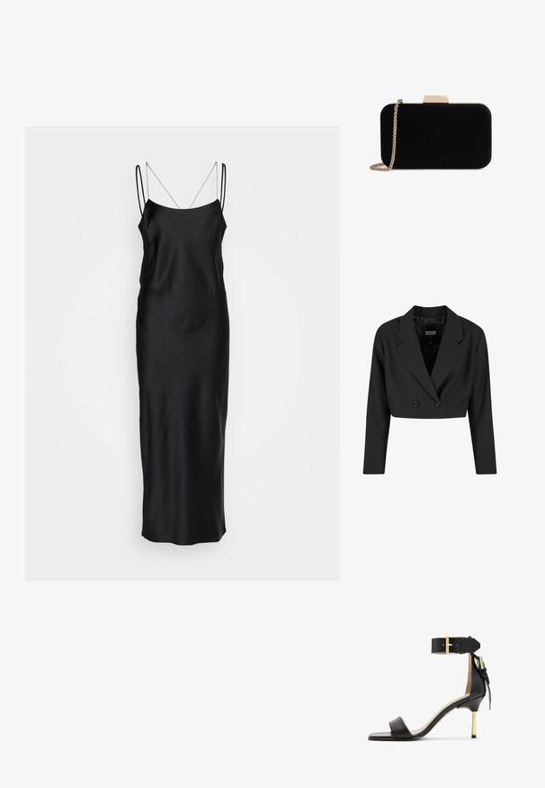 Sort cropped blazer lavet af glat stof. Har en dobbeltradet front med to sorte knapper og skarpe revers. Lange ærmer inkluderet.; HUGO KENZEL - Cocktailkjole / festkjole - black; Sort læder hæl sandal med firkantet tå, ankelrem med en guldbuckle og en slank metallisk hæl. Glat tekstur, minimalistisk design.; Sort velour clutch med guldfarvede detaljer, rektangulær form og kædestrop, der har en glat tekstur og ingen synlige mønstre.