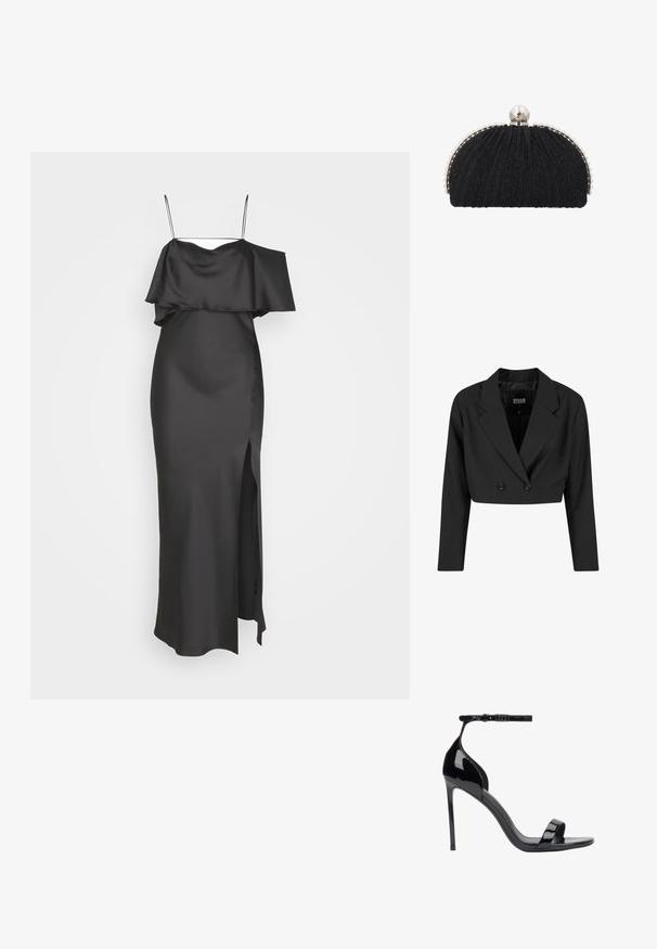 Schwarze, taillierte Blazerjacke aus glattem Stoff. Verfügt über eine doppelte Knopfleiste mit zwei schwarzen Knöpfen und scharfen Revers. Mit langen Ärmeln.; Weekday ELIA OFF SHOULDER DRESS - Ballkleid - anthracite grey; ESTRO Riemensandalette - black; Schwarze Abend-Clutch mit strukturiertem Stoff, eingefasst von einer Reihe kleiner Perlen und einem großen Perlenverschluss oben.