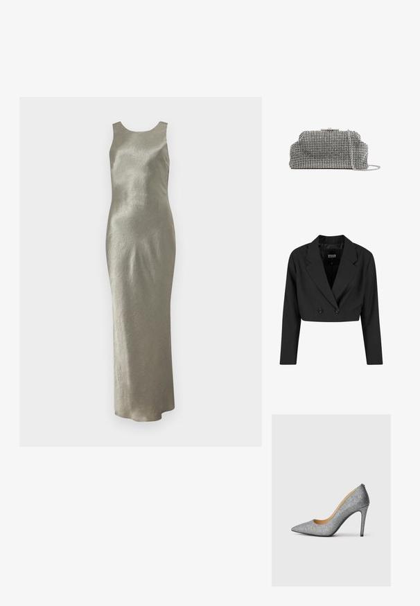 Sort cropped blazer lavet af glat stof. Har en dobbeltradet front med to sorte knapper og skarpe revers. Lange ærmer inkluderet.; Lang, ærmeløs kjole i lys olivengrøn, lavet af tekstureret stof med en enkel silhuet og rund halsudskæring. Ingen synlige udsmykninger.; Sølvglitrende højhælede pumpe med spids tå og en slank silhuet, der har en glat indersåle og en slidstærk sort ydersål.; Reiss ADALINE EMBELLISHED - Clutches - silver coloured