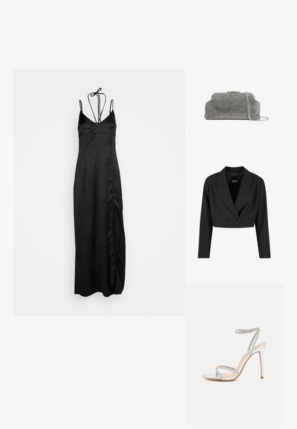 Čierny skrátený blazer vyrobený z hladkého materiálu. Má dvojradové zapínanie s dvoma čiernymi gombíkmi a ostrými chlopňami. Súčasťou sú dlhé rukávy.; DESIGNERS REMIX LISBON DRESS - Koktailové šaty/večierkové šaty - black; Strieborná sandál s vysokým podpätkom a tenkými remene, zdobený rhinestones, s elegantným dizajnom a špicatou špičkou.; Reiss ADALINE EMBELLISHED - Listová kabelka - silver coloured
