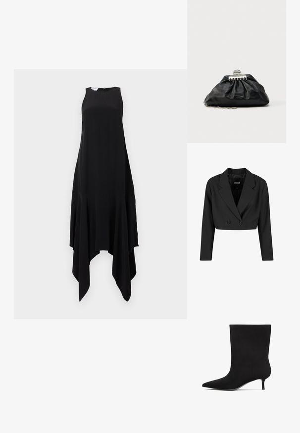 Sort cropped blazer lavet af glat stof. Har en dobbeltradet front med to sorte knapper og skarpe revers. Lange ærmer inkluderet.; Sort ærmeløs kjole med høj halsudskæring og asymmetrisk lommetørklæde-ærmekant, vist mod en ensfarvet lys baggrund.; Sort ruskinds ankelstøvle med spids tå og lav kitten hæl. Glat overflade og minimalistisk design uden markante mønstre eller accenter.; Sort læderclutch med samlet design, sølv hardware-lås og kæderem. Diskret logo præget foran.