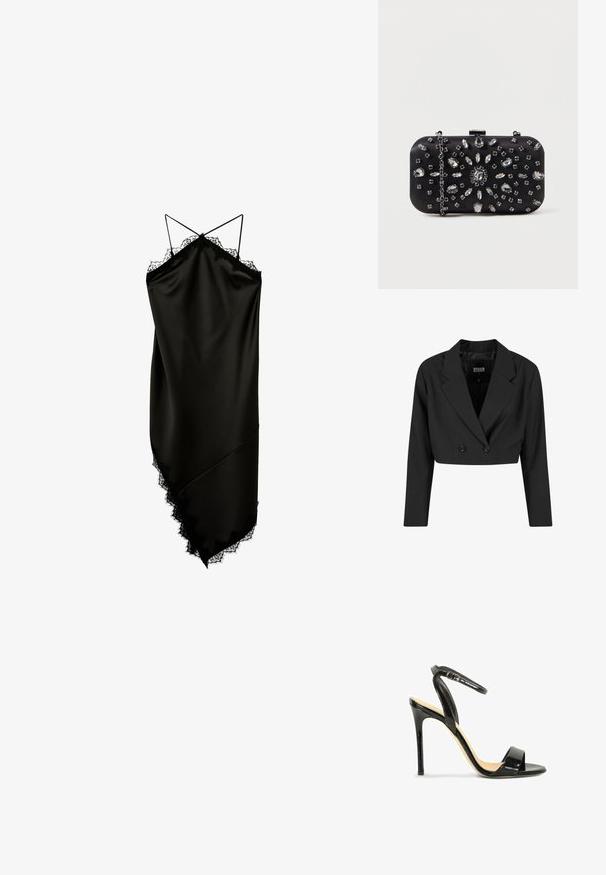 Zwarte cropped blazer van gladde stof. Voorzien van een dubbelgebreid voorpand met twee zwarte knopen en scherpe revers. Inclusief lange mouwen.; Zwarte satijnen slipjurk met dunne dubbele bandjes, kanten rand langs de halslijn en asymmetrische zoom.; Zwarte lakleren sandalen met hoge hak, enkelriem en open teen ontwerp op een witte achtergrond.; Zwarte clutch met een rechthoekige vorm, versierd met verschillende strass-steentjes in een bloemmotief, voorzien van een zilveren ketting voor het dragen.