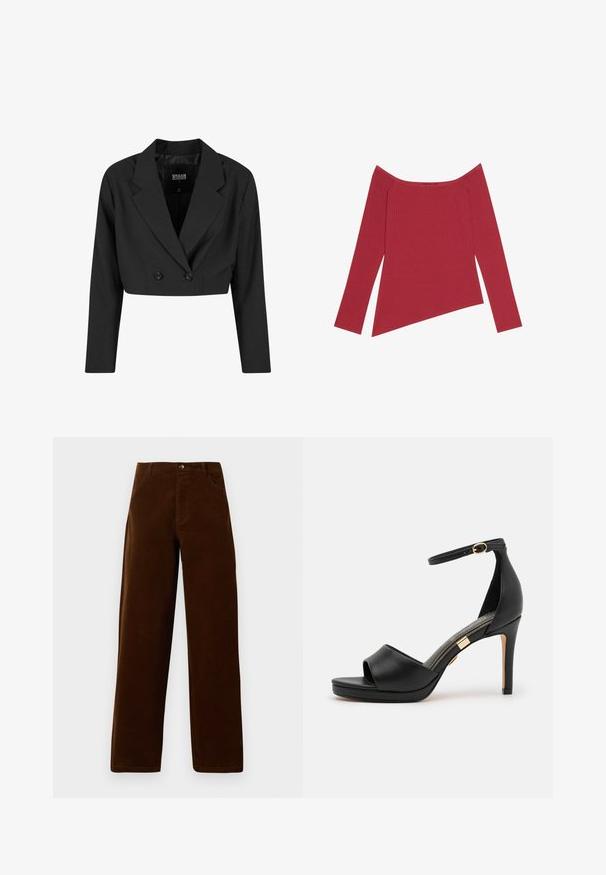 Blazer negro cortado hecho de tela suave. Presenta un frente de doble botonadura con dos botones negros y solapas afiladas. Incluye mangas largas.; Top rojo de hombros al descubierto con mangas largas, textura acanalada y dobladillo asimétrico, que presenta un acabado suave y costuras sutiles.; Pantalones rectos de pana marrón con bolsillos frontales, trabillas para cinturón y cierre de botón sobre un fondo blanco.; Sanda negra de cuero con tacón alto, con punta abierta y tira en el tobillo. Presenta un acabado suave, un acento en tono dorado cerca del tacón y un diseño curvado.