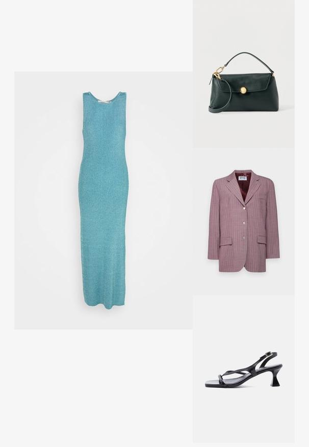 Lys lilla blazer med striber og notched klap, to frontlommer, tre sølvknapper og en maroon satinforing.; En lang, ærmløs kjole lavet af tekstureret, ribbet stof i en lys teal farve. Har en rund halsudskæring og en tætsiddende silhuet.; Sort lædersandal til kvinder med tynde stropper, firkantet tå, justerbar ankelrem og udvidet mellemhøj hæl.; Grøn læderhåndtaske med lukning i guldknap, et topgreb og en aftagelig rem; glat tekstur og enkelt design.