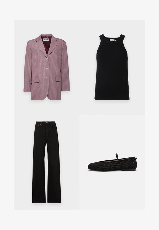 Lys lilla blazer med striber og notched klap, to frontlommer, tre sølvknapper og en maroon satinforing.; Sort ribbet tanktop med brede stropper, der har en rund udskæring og et lille præget logo-detail forneden.; Sorte breddebenede jeans lavet af solidt stof. Har en frontknaplukning, bælteløkker og to forlommer. Glat, ensartet tekstur.; Sorte mesh balletlejligheder med rund tå, flad sål og en lille accentrem over hælen. Let tekstur med åndbart design.