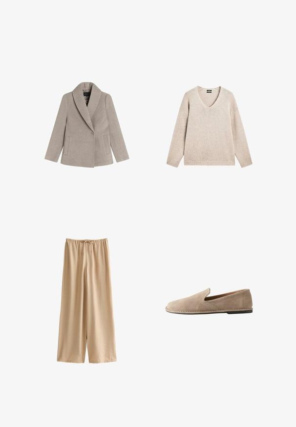 Beige uldblandingsjakke med stor stikkrullekrave, enkeltknaplukning og sidelommer. Glat tekstur og skræddersyet pasform.; Beige strikket V-hals sweater med lange ærmer og ribbestrikkede manchetter og bund, lagt fladt på hvid baggrund.; Nudemalet bukser med vide ben lavet af blødt, let stof, med elastik i taljen og snor samt en afslappet pasform.; Beige ruskind slip-on loafers med rund tå, lav flad hæl, syet sål og elastisk sideindsats for nem påtagning.