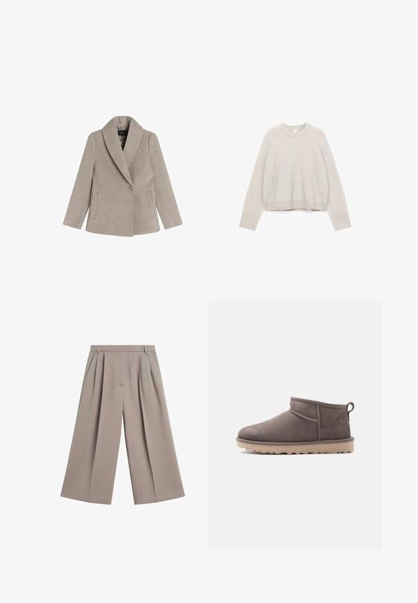 Beige uldblandingsjakke med stor stikkrullekrave, enkeltknaplukning og sidelommer. Glat tekstur og skræddersyet pasform.; Lysegrå cropped sweater lavet af blødt strikket materiale med rund halsudskæring, ribstrikkede manchetter og en afslappet pasform.; Bredbenede bukser i et lyst taupe-stof med en glat tekstur, der har forplisseringer foran og sidelommer.; Lav brun ruskindssko med lav ankelhøjde, slidstærk sål og træksnor på en ensartet baggrund.