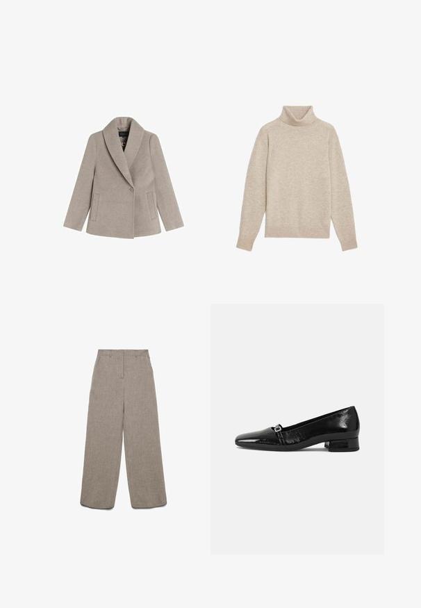 Beige uldblandingsjakke med stor stikkrullekrave, enkeltknaplukning og sidelommer. Glat tekstur og skræddersyet pasform.; Beige rullekrave sweater lavet af blødt stof, med ribbestrikket krave og manchetter, i en afslappet pasform og uden synlige mønstre.; Beige hørbukser med vide ben, bæltestropper og frontlynlås, flad front, vist på hvid baggrund.; Sorte patentlæder balletflade med spids tå, lav firkantet hæl og en lille metallisk spænde detalje på remmen. Glat tekstur.