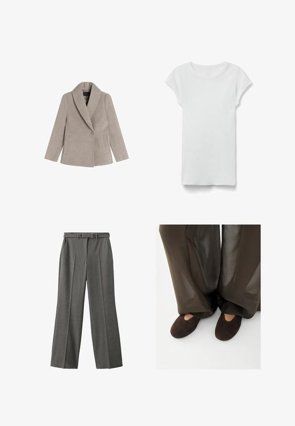 Beige uldblandingsjakke med stor stikkrullekrave, enkeltknaplukning og sidelommer. Glat tekstur og skræddersyet pasform.; Hvid kortærmet ribbet T-shirt med rund hals, lagt fladt på hvid baggrund, viser forsiden og simpel afslappet stil.; Grå, brede bukser lavet af tekstureret stof. Har et bælte med en rektangulær spænde og to sidelommer. Skræddersyet pasform.; Person iført mørkebrune ruskindstøfler med et lille udskåret hul, kombineret med brede, semi-gennemsigtige mørkebrune bukser, der dækker anklerne.