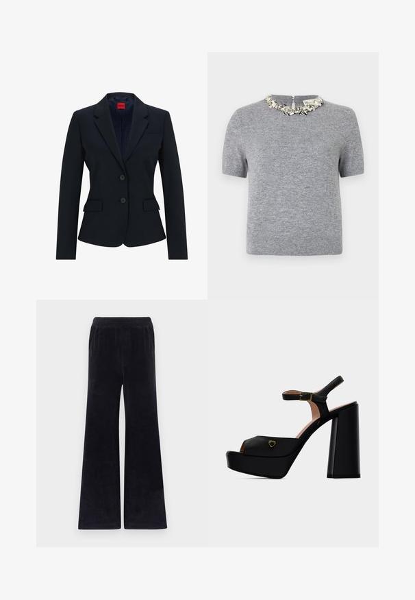 Blazer bleu marine au design ajusté, avec un col cranté, une fermeture à deux boutons et deux poches avant. Intérieur doublé avec un motif logo.; Pull en gris à manches courtes avec un tissu texturé. Présente un col orné de perles et une fermeture éclair au dos.; Pantalon noir à jambes larges en tissu doux, doté d'une taille élastique, d'une texture lisse, sans poches visibles ni accessoires.; Sandale noire à plateforme et talon haut avec bride à la cheville, boucle dorée, bout ouvert et petite décoration en cœur doré sur la bride avant.
