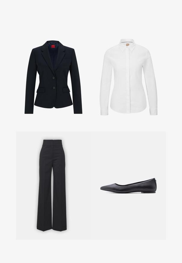 Marineblå blazer i skræddersyet design med smal krave, to-knaps lukning og to frontlommer. Foring med logo mønster.; Hvid langærmet skjorte med knapper i sprød bomuldsstof, med klassisk krave, frontlukning og skræddersyet pasform. Glat tekstur, ingen mønstre.; Bredbenede bukser i sort stof med høj talje, der har en ren finish og glat tekstur. Ingen synlige detaljer eller mønstre.; Sort flad lædersko med spidst tåparti og lav hæl, vist i sideprofil mod en hvid baggrund.