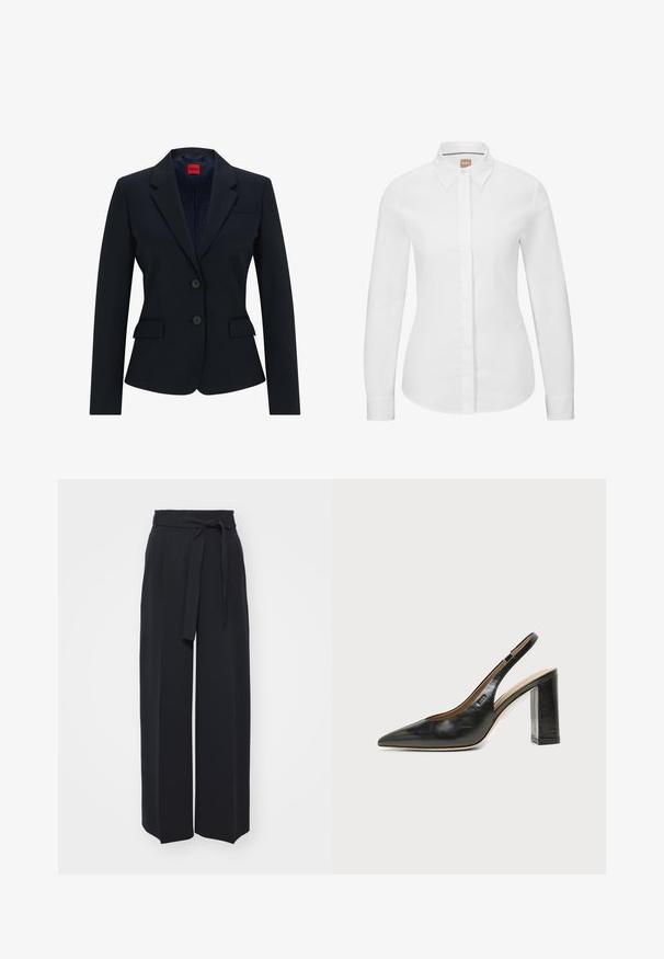 Marineblauwe blazer in een getailleerd ontwerp met een geknoopte revers, een twee-knoopsluiting en twee voorzakken. Gevoerde binnenkant met een logopatroon.; Witte lange mouw overhemd met knopen in een frisse katoenstof, met een klassieke kraag, een voorkant met knopen en een getailleerde pasvorm. Stijlvolle textuur, zonder patronen.; Zwarte wijde broek van zachte stof. Voorzien van een ceintuur en plooien aan de voorkant. Glad textuur met een strakke, hedendaagse stijl.; Zwarte leren slingback schoen met spits toelopend neusje, hoge blokhak en beige binnenvoering tegen een effen lichte achtergrond.