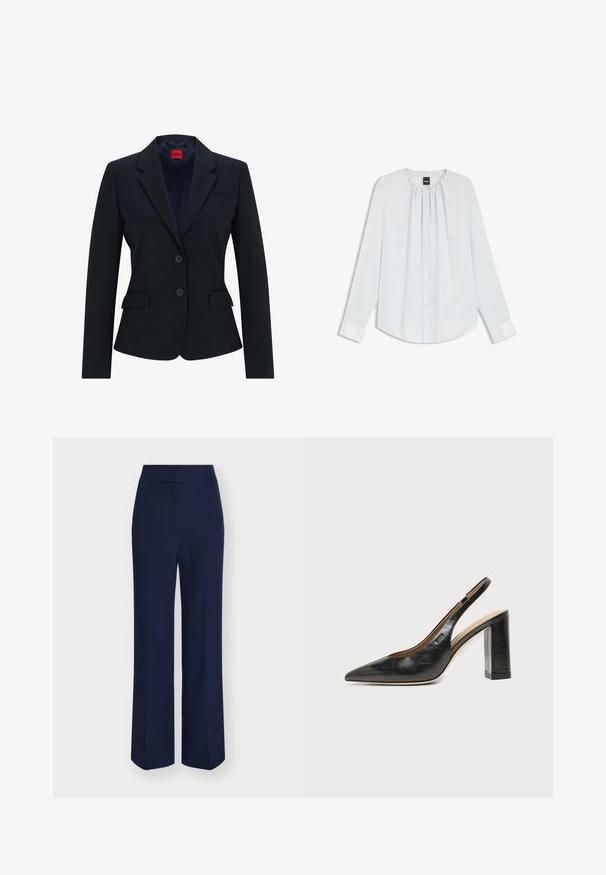 Blazer bleu marine au design ajusté, avec un col cranté, une fermeture à deux boutons et deux poches avant. Intérieur doublé avec un motif logo.; Blouse blanche à manches longues avec col plissé, boutons avant cachés et poignets, posée à plat sur un fond blanc.; Pantalon large taille haute bleu marine avec fermeture avant dissimulée et coupe ajustée.; Chaussure slingback en cuir noir à bout pointu avec un talon bloc haut et une doublure intérieure beige sur un fond clair uni.