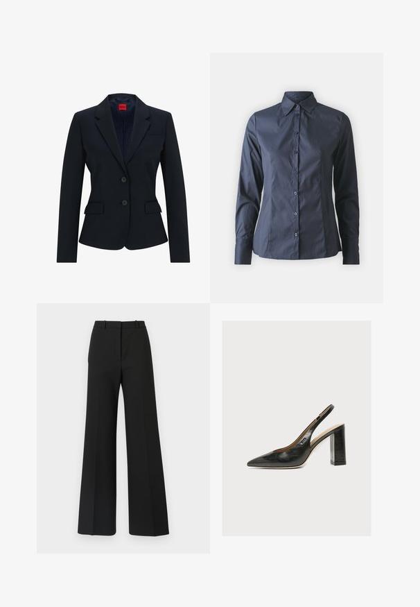 Marineblå blazer i skræddersyet design med smal krave, to-knaps lukning og to frontlommer. Foring med logo mønster.; Mørkeblå langærmet skjorte med knaplukning foran, spidse kraver og en skræddersyet pasform. Fremstillet af glat, letvægtigt stof.; Sorte buks med vide ben og skræddersyet design, der har en glat tekstur og subtile plisseringer foran. Ingen synlige detaljer eller mønstre.; Sort læder kvindesko med slingback, spids tå og tyk blokhøj hæl på hvid baggrund.