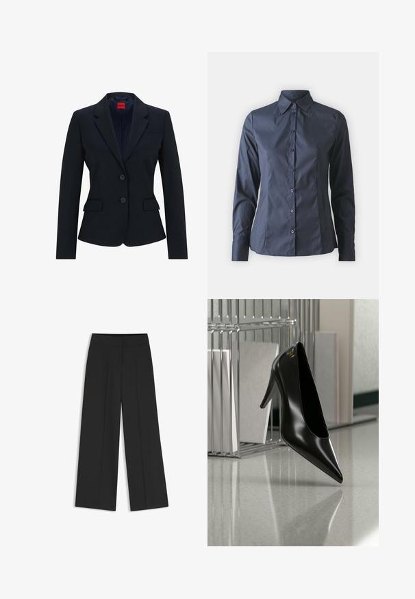 Marineblå blazer i skræddersyet design med smal krave, to-knaps lukning og to frontlommer. Foring med logo mønster.; Mørkeblå langærmet skjorte med knaplukning foran, spidse kraver og en skræddersyet pasform. Fremstillet af glat, letvægtigt stof.; Sorte bukser med vide ben, flad linning og presset frontfolder, vist mod en hvid baggrund.; Sort højhælet sko med spids tå og guldlogo, placeret på en reflekterende overflade nær en krom trådfilholder med dokumenter.