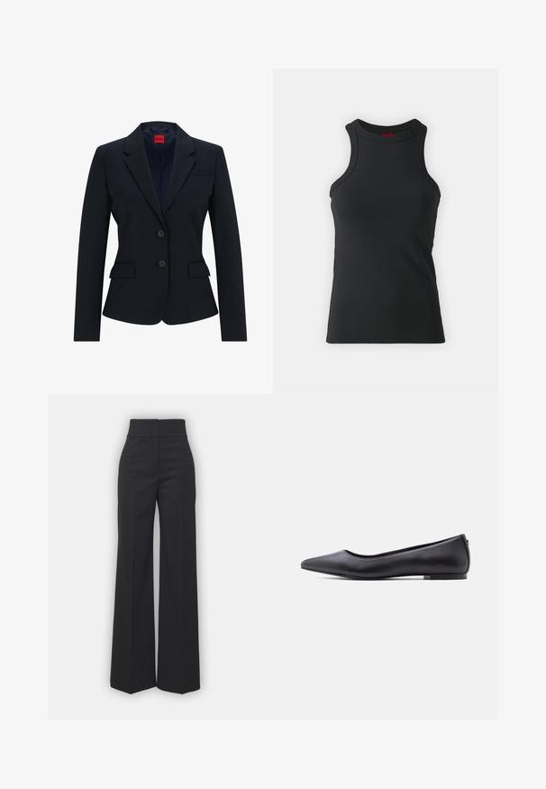 Marineblå blazer i skræddersyet design med smal krave, to-knaps lukning og to frontlommer. Foring med logo mønster.; Sort ærmeløs tanktop lavet af strækbart stof. Har en rund hals og en tætsiddende silhuet med minimale syninger.; Bredbenede bukser i sort stof med høj talje, der har en ren finish og glat tekstur. Ingen synlige detaljer eller mønstre.; Sort flad lædersko med spidst tåparti og lav hæl, vist i sideprofil mod en hvid baggrund.