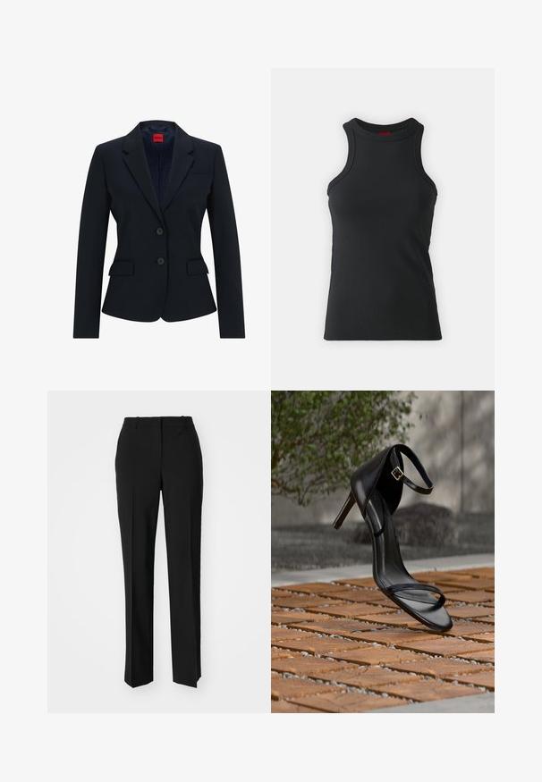 Marineblå blazer i skræddersyet design med smal krave, to-knaps lukning og to frontlommer. Foring med logo mønster.; Sort ærmeløs tanktop lavet af strækbart stof. Har en rund hals og en tætsiddende silhuet med minimale syninger.; Sorte skræddersyede bukser med lige ben-design, der har en glat tekstur og skarpe folder langs fronten. Ingen synlige hardware.; Sort højhælet sandal med ankelsnor, der ser ud til at svæve over et trægulv udendørs med sløret grønt og sten i baggrunden.
